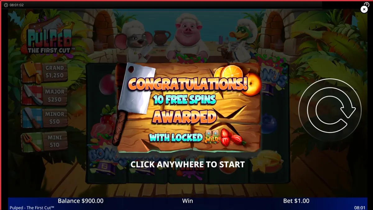 Pulped: The First Cut slot game interface na may mga prutas at chef animals.